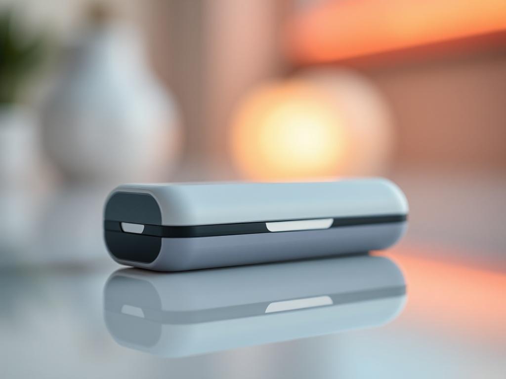 A close-up shot of the Reliever™ SmartKit, showcasing its sleek design and NFC technology. The background should be blurred to highlight the product, with soft lighting emphasizing its modern features. The primary color theme should reflect the brand's identity, focusing on RGB(0, 117, 98).