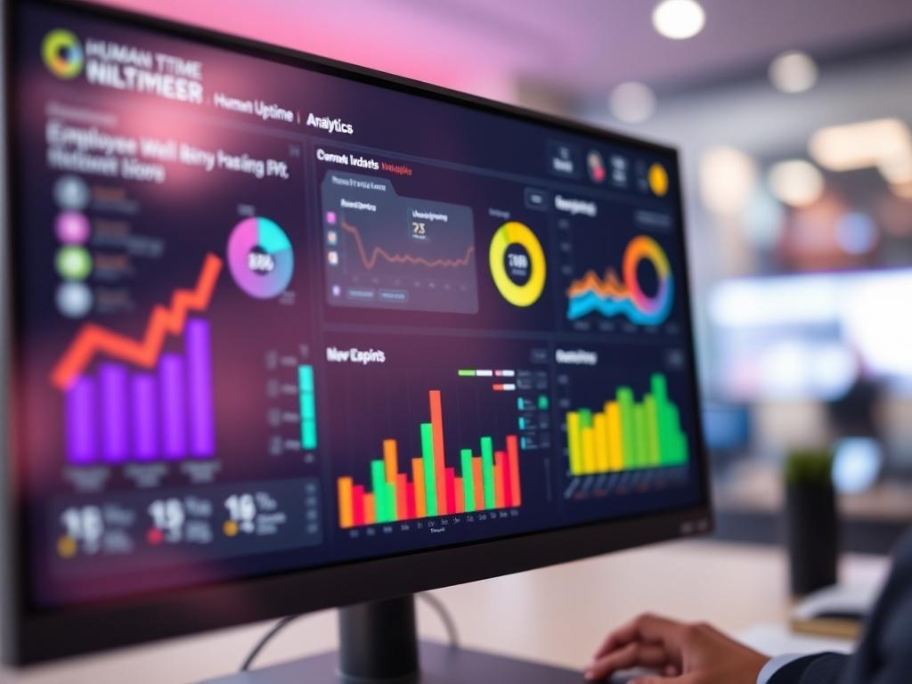 A close-up shot of a digital dashboard displaying the Human Uptime™ Analytics interface. The screen should show colorful graphs and metrics related to employee well-being. The background should be soft-focused to emphasize the analytical features, with an RGB(0, 117, 98) theme to align with the brand's visual identity.