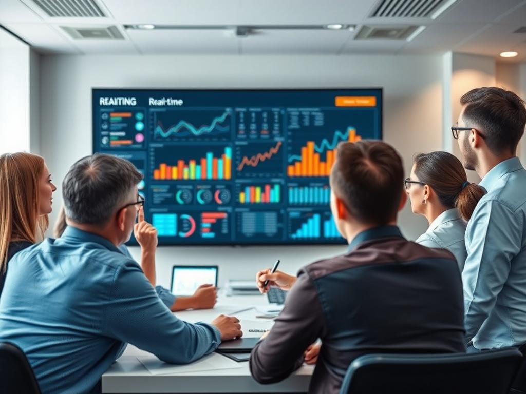 A corporate training session in progress, with a diverse group of employees engaging in discussions around a large screen displaying real-time data analytics. The environment is energetic and focused, emphasizing teamwork and collaboration.