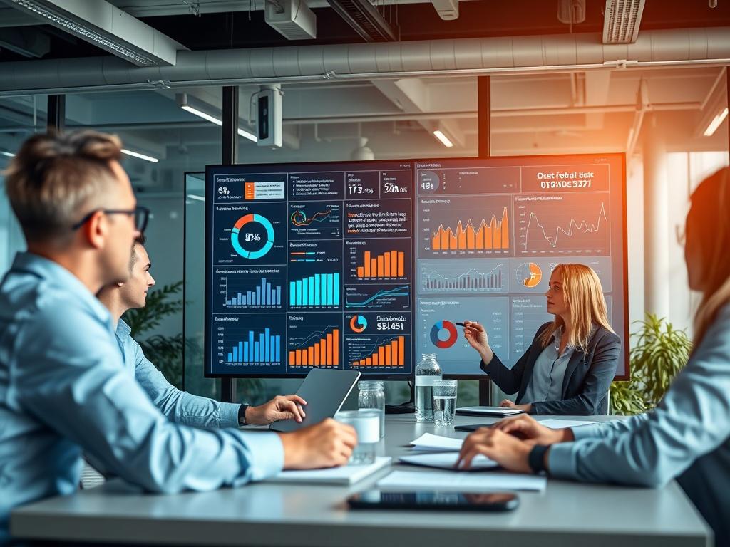 An image of a modern office with HR professionals analyzing data on a large screen. The dashboard displays various performance metrics and visualizations, emphasizing a focus on data-driven decision-making. The office should have a collaborative atmosphere with team members engaged in discussions.