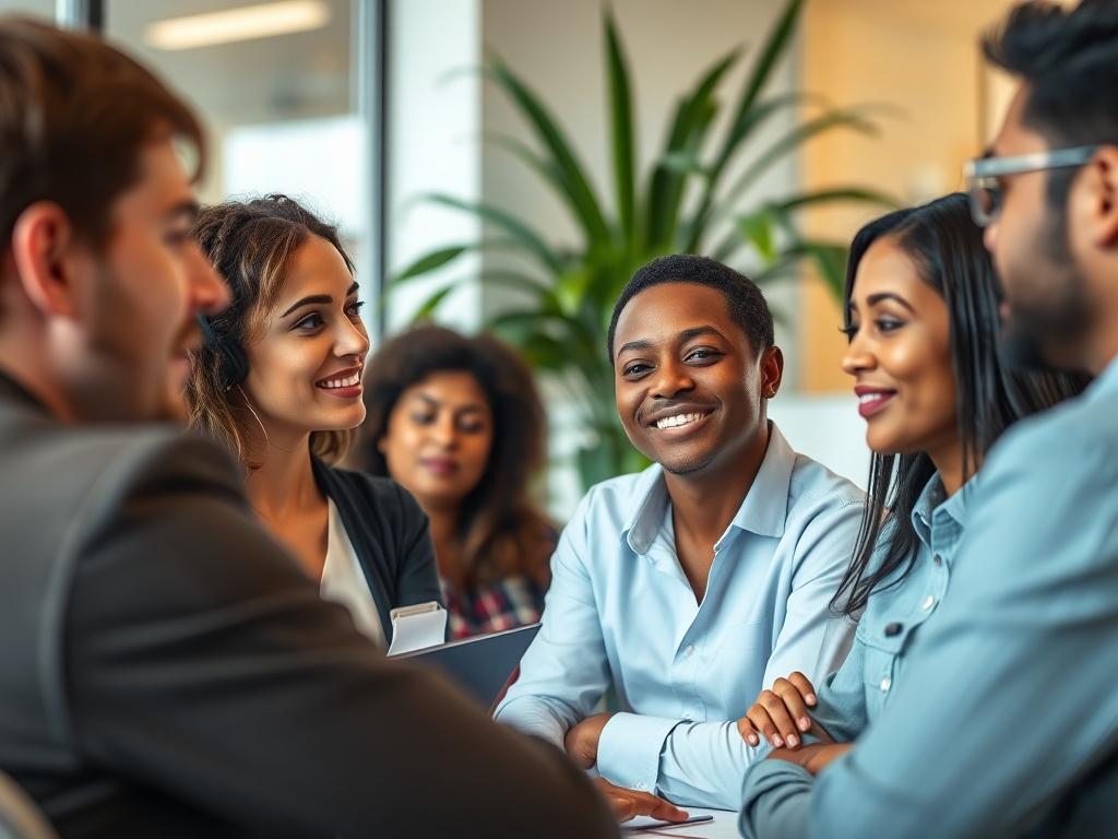 A close-up shot of a diverse group of employees engaged in a workshop setting, discussing workforce resilience. The background should be blurred to emphasize the group, while showcasing an office environment with plants and soft lighting, reflecting a positive atmosphere.