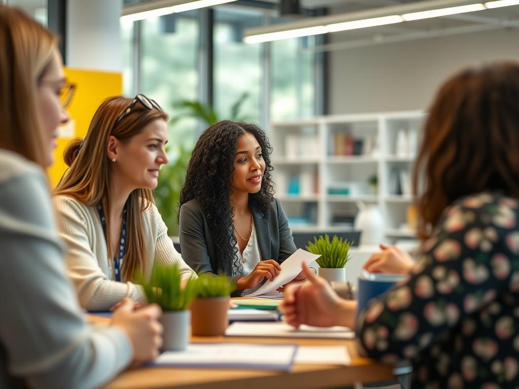 A high-resolution image showing a wellness workshop in progress, with employees participating in interactive sessions. The setting should be bright and inviting, featuring wellness resources and materials on display, emphasizing the importance of mental and emotional health in the workplace.