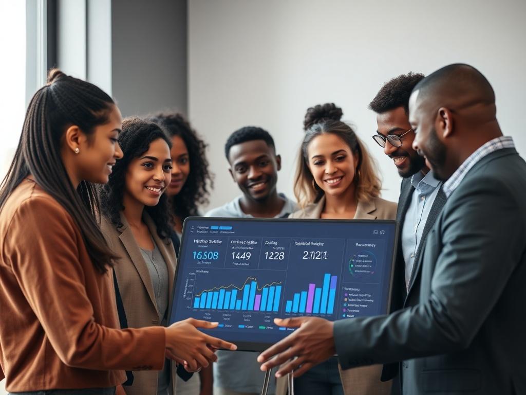 A close-up shot of a diverse group of professionals collaborating in a modern office environment. They are engaged in a discussion around a digital dashboard displaying analytics related to workforce stability and operational resilience. The setting should convey a sense of teamwork and innovation, with a focus on inclusivity and empowerment. The background should be simple and uncluttered, emphasizing the professionals and their collaborative effort. The color scheme should reflect the rgb(0, 117, 98) prim
