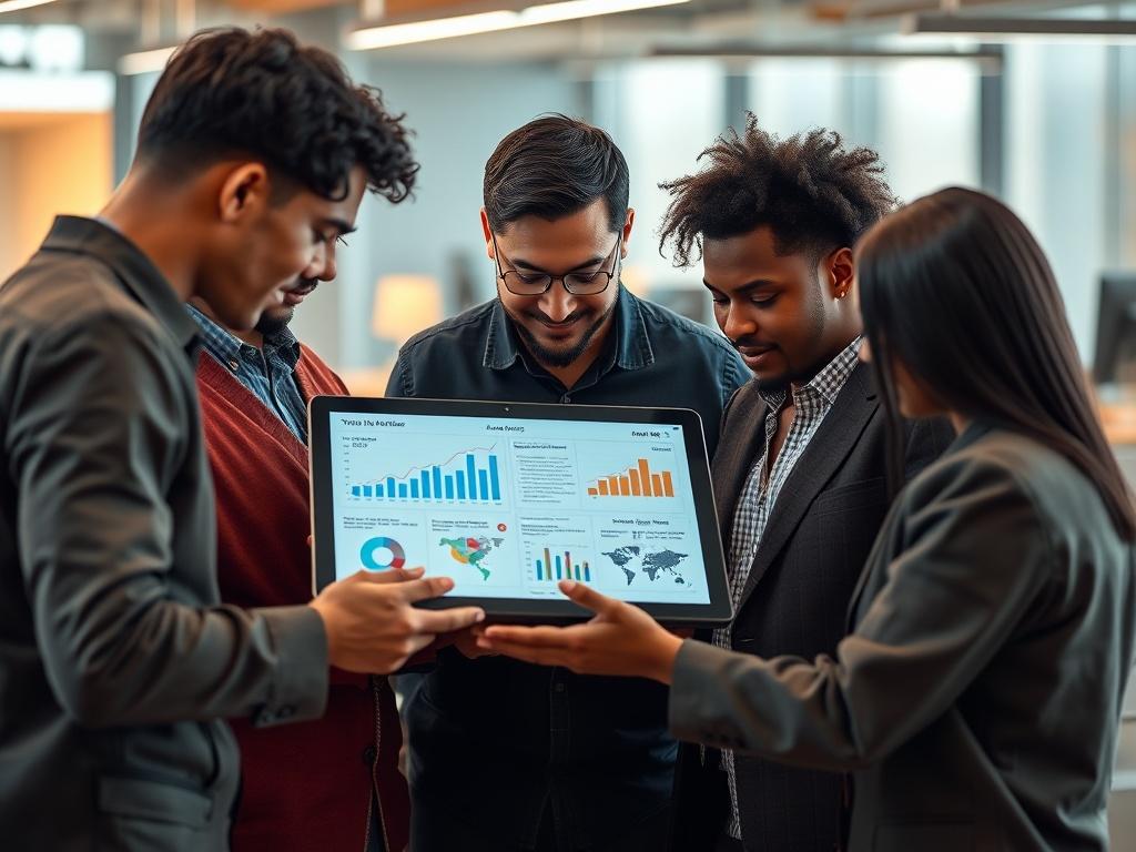 A high-resolution close-up shot of a diverse group of employees engaged in a discussion around a digital tablet displaying analytics and workforce data. The background should be an office setting with a modern design, emphasizing teamwork and collaboration. The image should use a warm color palette with accents of rgb(0, 117, 98) to reflect a professional and inviting atmosphere.