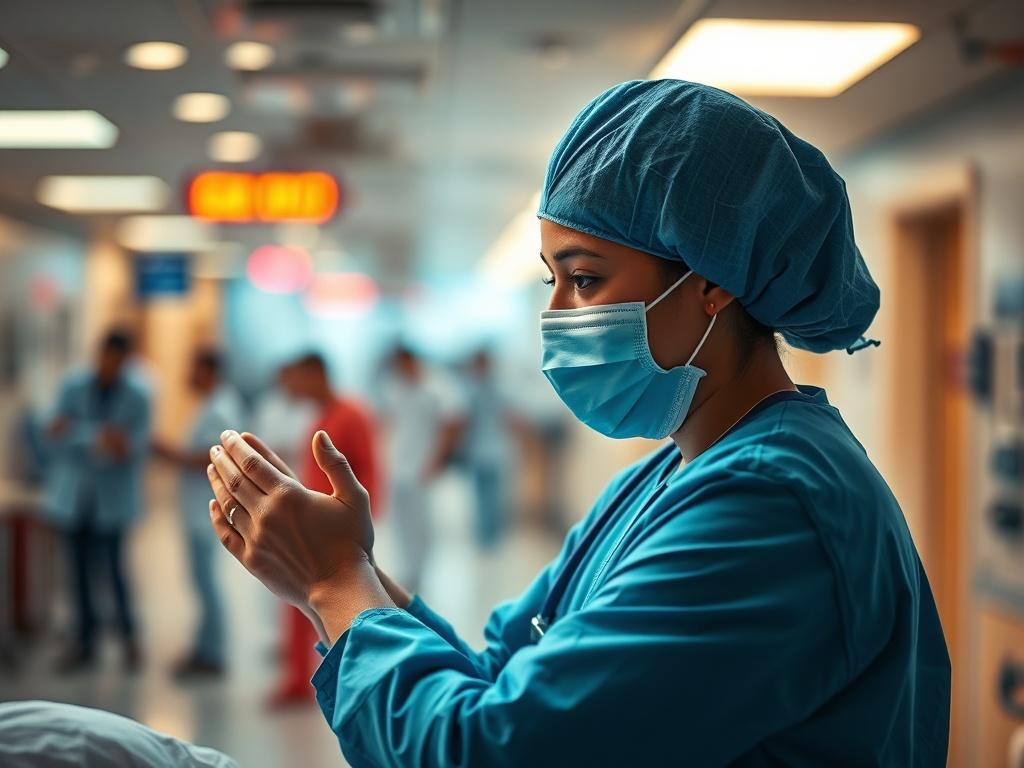 A close-up shot of a healthcare worker engaging with a patient, showcasing empathy and professionalism. The background features a bustling hospital environment, emphasizing the high-stakes nature of healthcare. The lighting is warm, focusing on the connection between the worker and patient, capturing the essence of care and resilience in the healthcare industry.