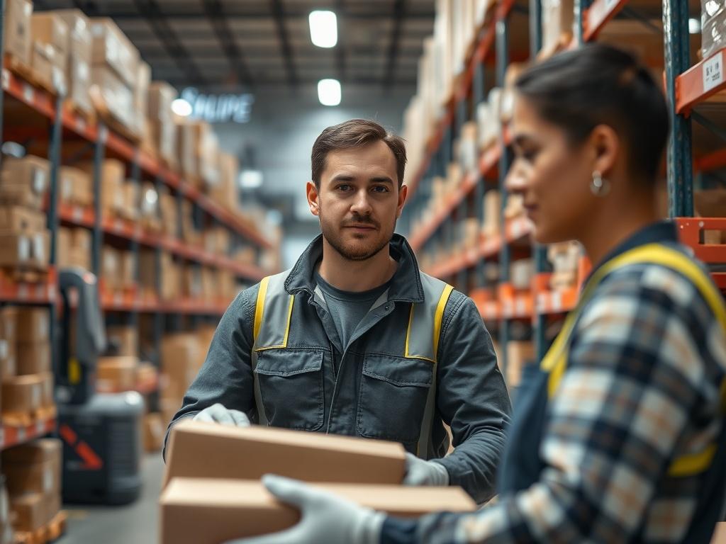 A close-up shot of a warehouse worker efficiently handling packages, showcasing teamwork and productivity. The background features a busy warehouse environment, with organized shelves and moving equipment, emphasizing the dynamic nature of logistics operations. Bright lighting creates an energetic atmosphere, reflecting commitment to excellence in the industry.
