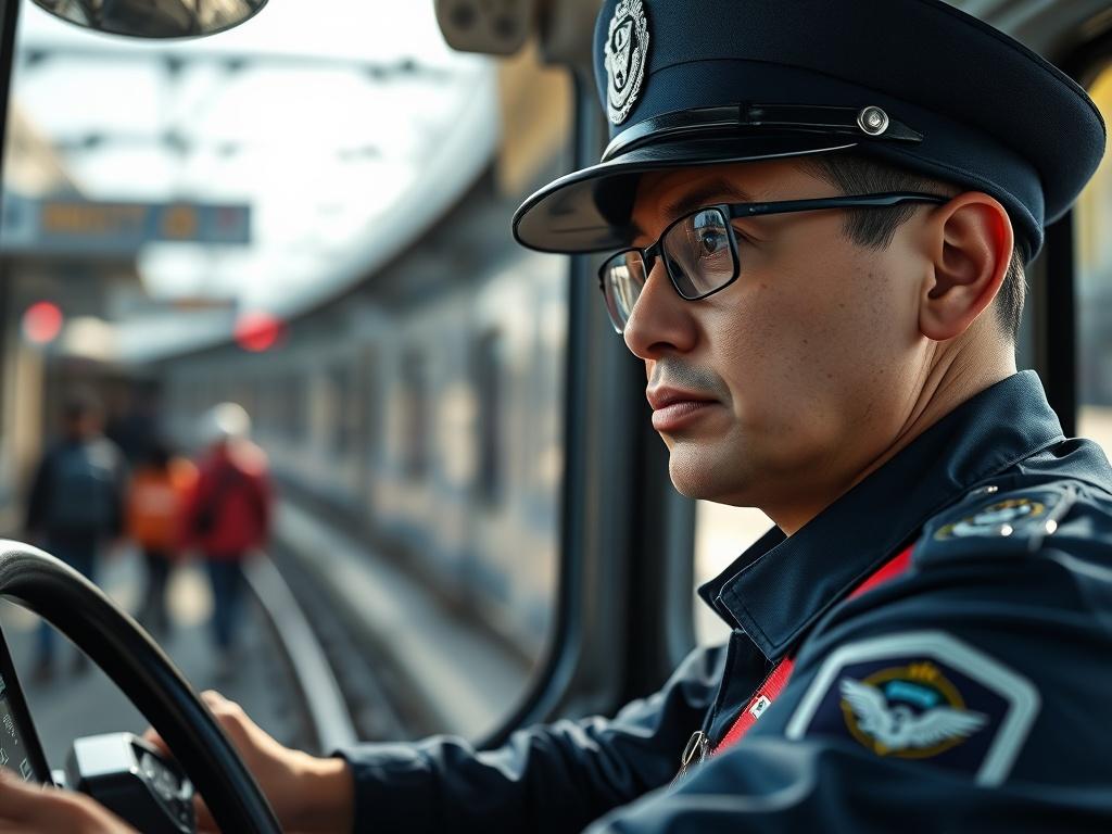 A close-up shot of a transit authority operator in uniform, looking focused and engaged while operating a transit vehicle. The background features elements of the transit system, such as tracks or a busy station, illustrating the importance of safety and efficiency. Natural light highlights the operator, symbolizing commitment to public service.