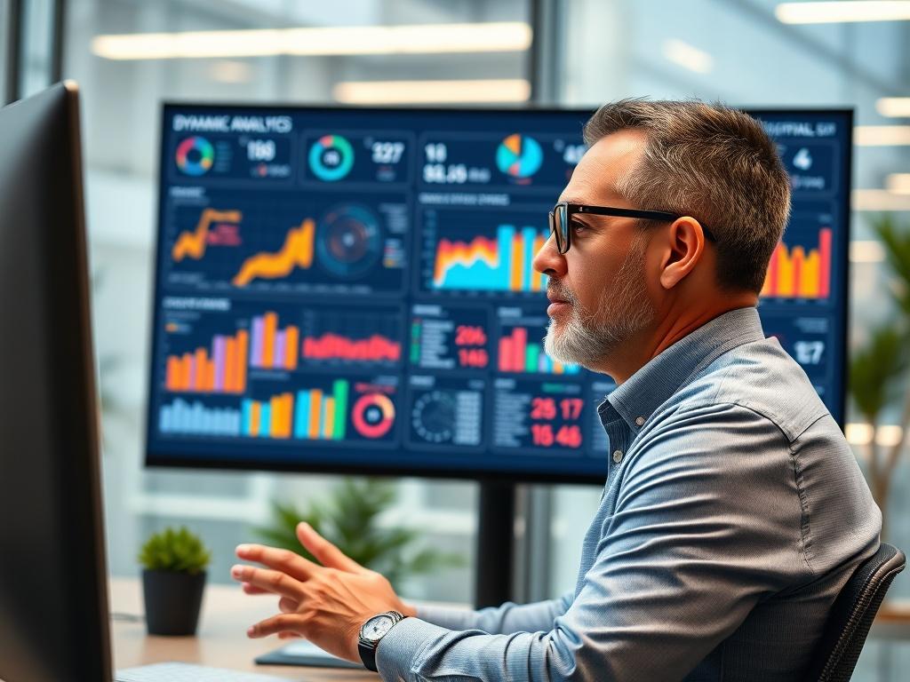 A high-resolution close-up shot of an HR professional analyzing a dynamic analytics dashboard on a large monitor in a modern office environment. The dashboard should display colorful graphs and data visualizations, emphasizing the importance of real-time data analysis. The setting should include elements of rgb(0, 117, 98) to create a professional and tech-savvy ambiance.