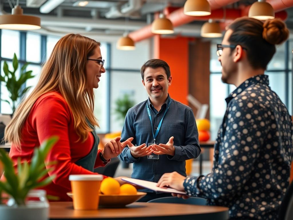A high-resolution close-up shot of a wellness coordinator discussing a customized wellness program with a team of employees in a vibrant office space. The image should highlight elements of wellness, such as healthy snacks, fitness equipment, and relaxation areas, with a focus on rgb(0, 117, 98) accents to create an inviting atmosphere.