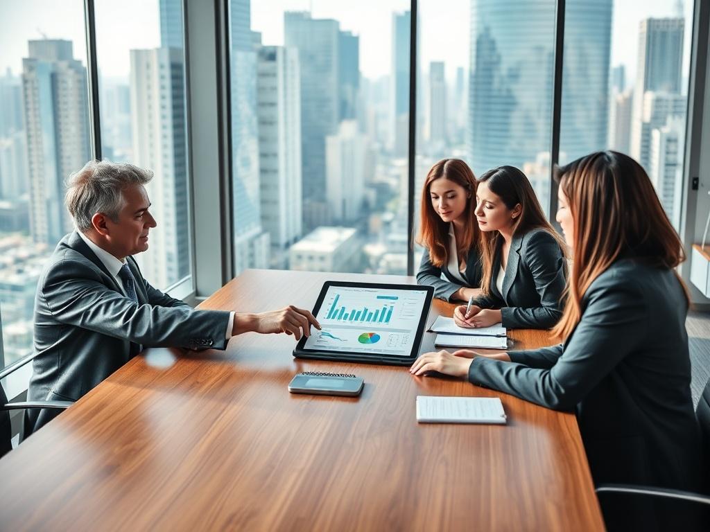 Create a realistic high-resolution photo capturing a seasoned business consultant engaged in a focused discussion with a small team in a modern office setting. The consultant, a middle-aged person with a thoughtful expression, should be positioned at a sleek wooden conference table, pointing at a digital tablet displaying data and charts. Surround the consultant with four attentive team members, each representing diverse backgrounds and genders, who are listening intently, taking notes, and exchanging ideas