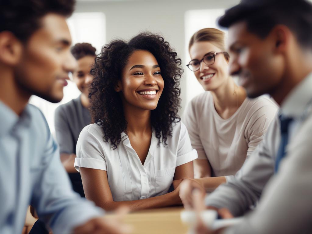 A high-resolution close-up shot of a diverse group of employees participating in a wellness workshop in a bright, open space. The focus should be on a facilitator leading the session, with participants engaged and smiling. The background should include greenery and natural light to create a warm, inviting atmosphere. The image should capture a sense of community, collaboration, and positivity.