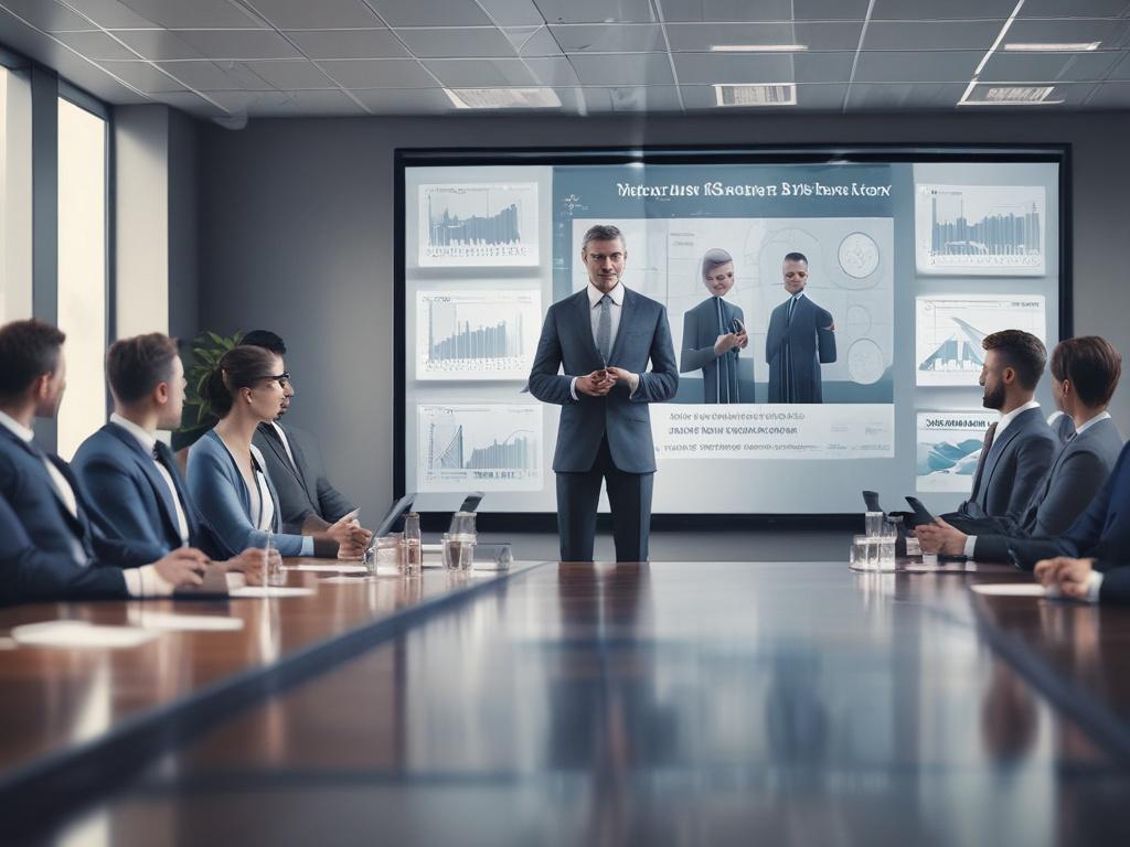 A high-resolution close-up shot of a business leader presenting a workforce stability framework on a large screen in a conference room. The focus should be on the leader's confident demeanor and the detailed visuals on the screen. The background should feature engaged team members listening attentively, with a sleek and modern office design. The image should convey professionalism, leadership, and strategic vision.