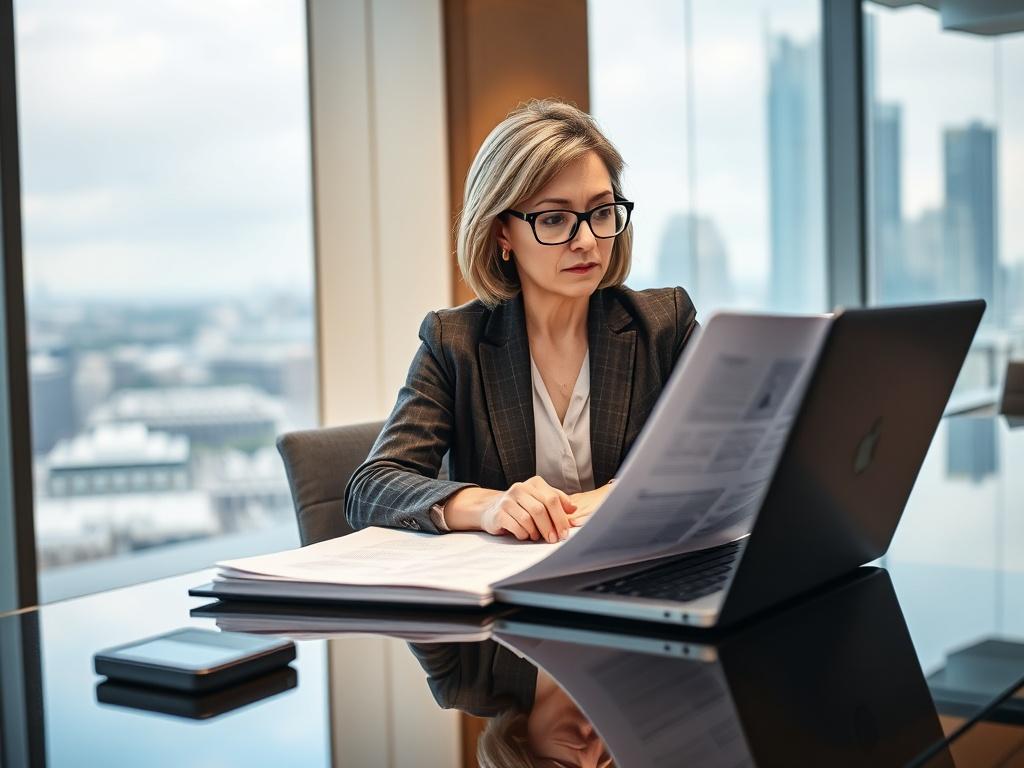A professional consultant sitting at a sleek desk with a laptop open, reviewing federal proposal documents. The consultant, a middle-aged woman with glasses, is engaged in thoughtful analysis. The background shows a modern office with a large window revealing a cityscape. The overall mood is focused and productive, with soft lighting highlighting the scene.