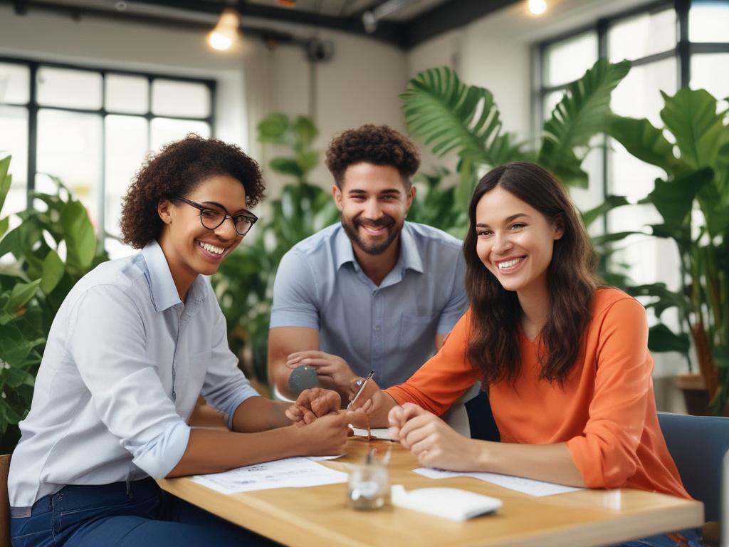 A close-up shot of a diverse group of happy employees engaging in a wellness workshop, showcasing their smiles and teamwork. The background features a bright and inviting workspace with plants and natural light, emphasizing a positive and healthy work environment. The image is captured using a 45mm f/1.2 lens for a hyper-realistic effect, focusing on the joyful expressions and interactions among the participants.