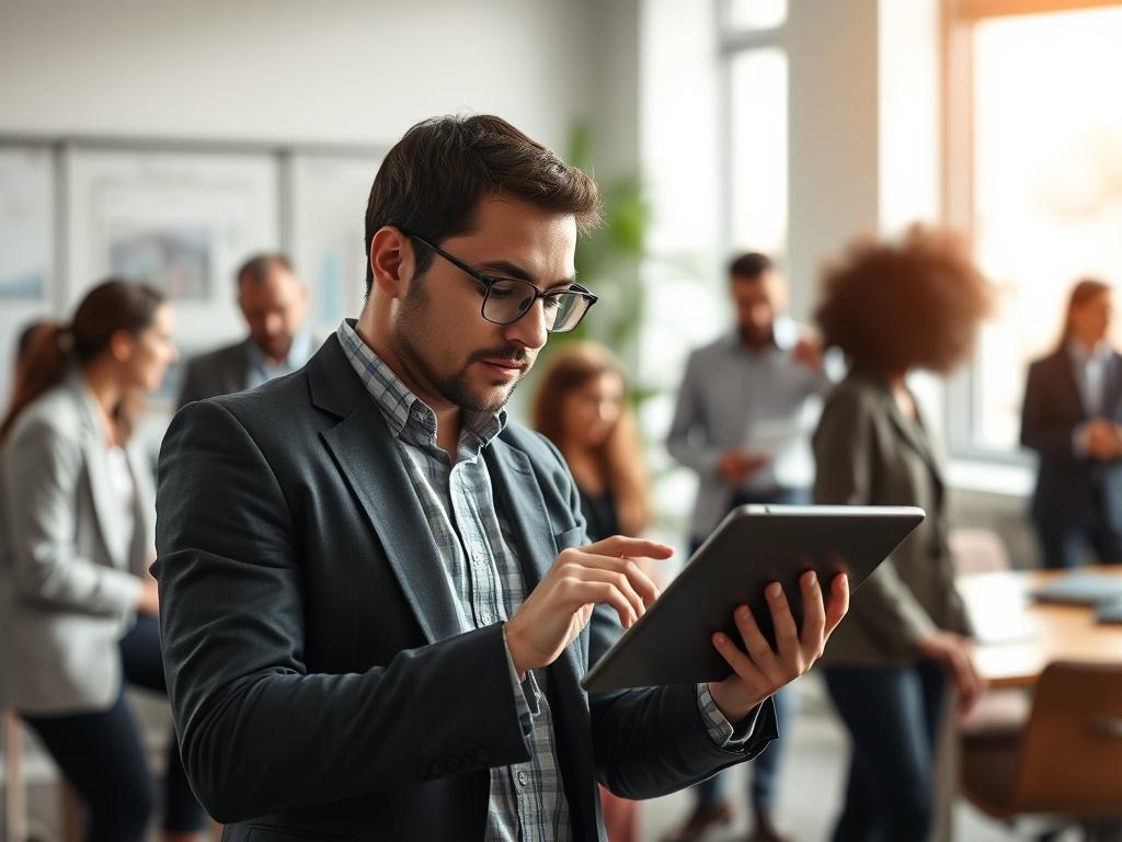 A focused shot of a professional assessing data on a tablet in an office environment, with a soft focus on the background showing a diverse team in discussion. The setting should convey a sense of collaboration and analysis, with natural light illuminating the scene.