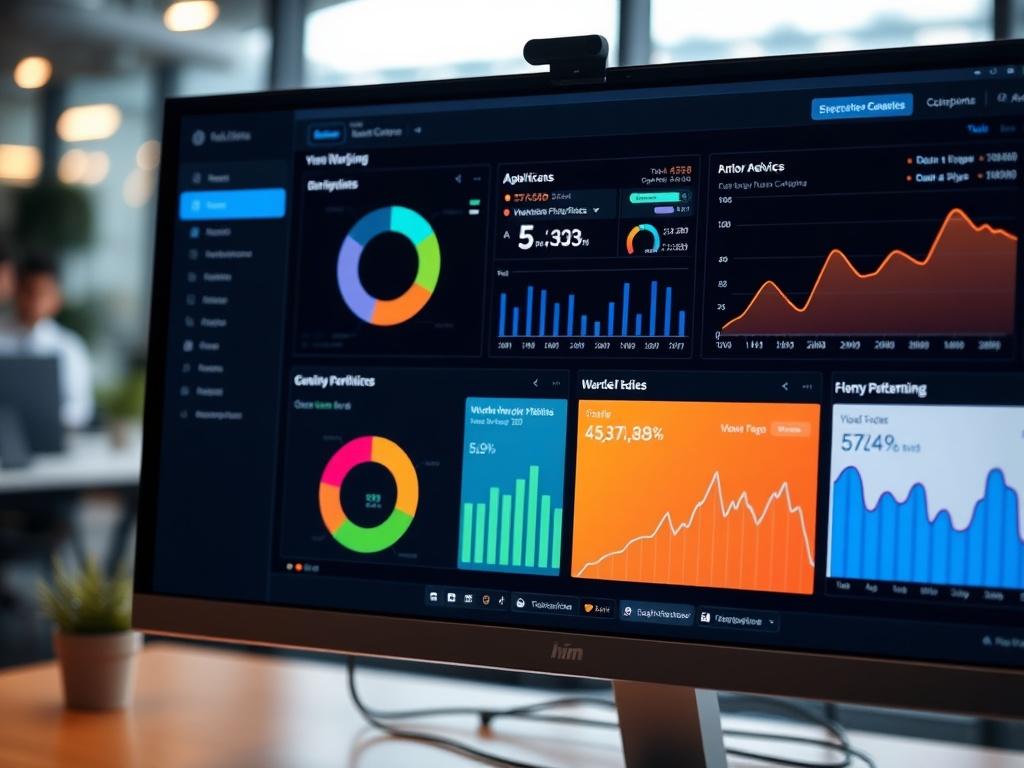 A close-up shot of a computer screen displaying a vibrant and interactive analytics dashboard, with graphs and metrics related to workforce performance. The background should be a modern workspace, suggesting a tech-savvy and data-driven environment.
