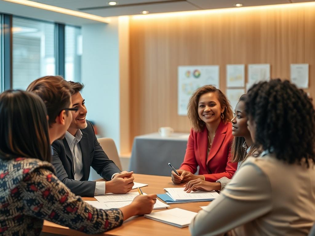 An engaging image of a diverse group of professionals participating in a training session, with a facilitator guiding the discussion. The setting should be a modern conference room, with visual aids and materials that reflect a focus on cultural diversity and inclusion.
