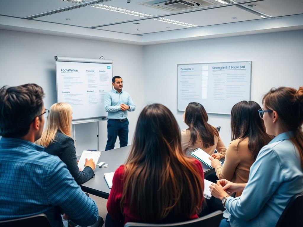 A training session in progress, featuring a facilitator guiding a diverse group of managers in an interactive workshop. The room is well-lit, with a whiteboard displaying key takeaways. Participants are engaged, taking notes, and discussing amongst themselves. The atmosphere is positive and collaborative, with a color scheme that includes shades of rgb(0, 117, 98).