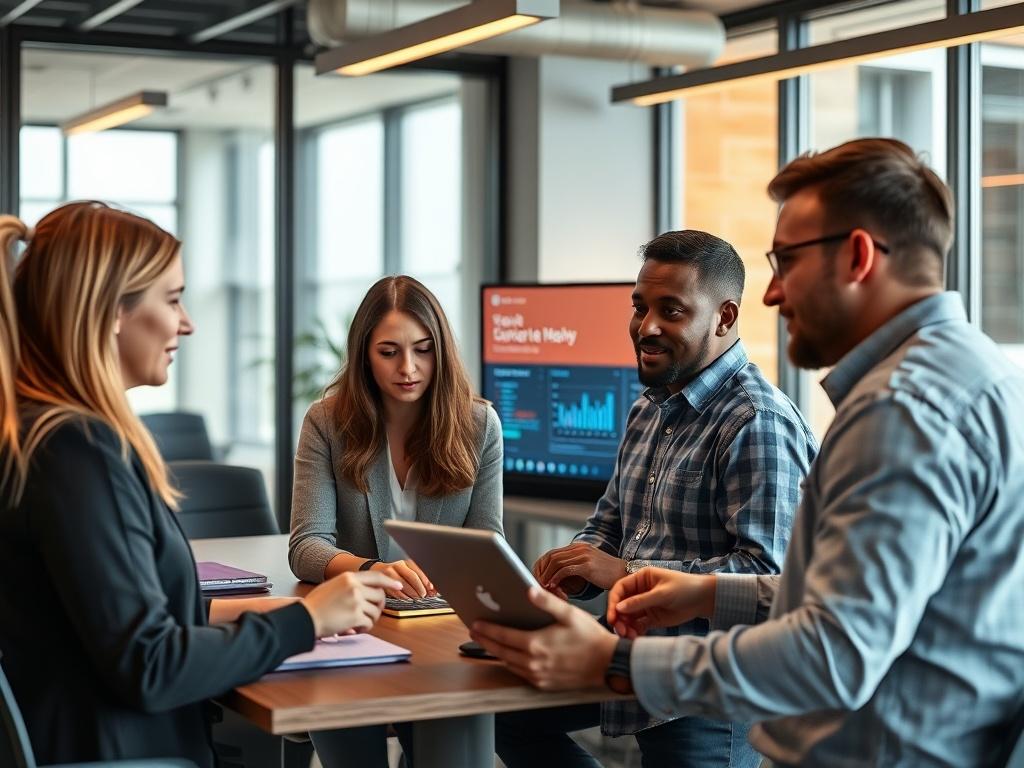 An implementation team working together in a modern office, setting up technology and discussing strategies with a focus on a large screen displaying the Reliever™ platform. The environment should feel dynamic and energetic, with elements of rgb(0, 117, 98) evident in decor or digital displays.