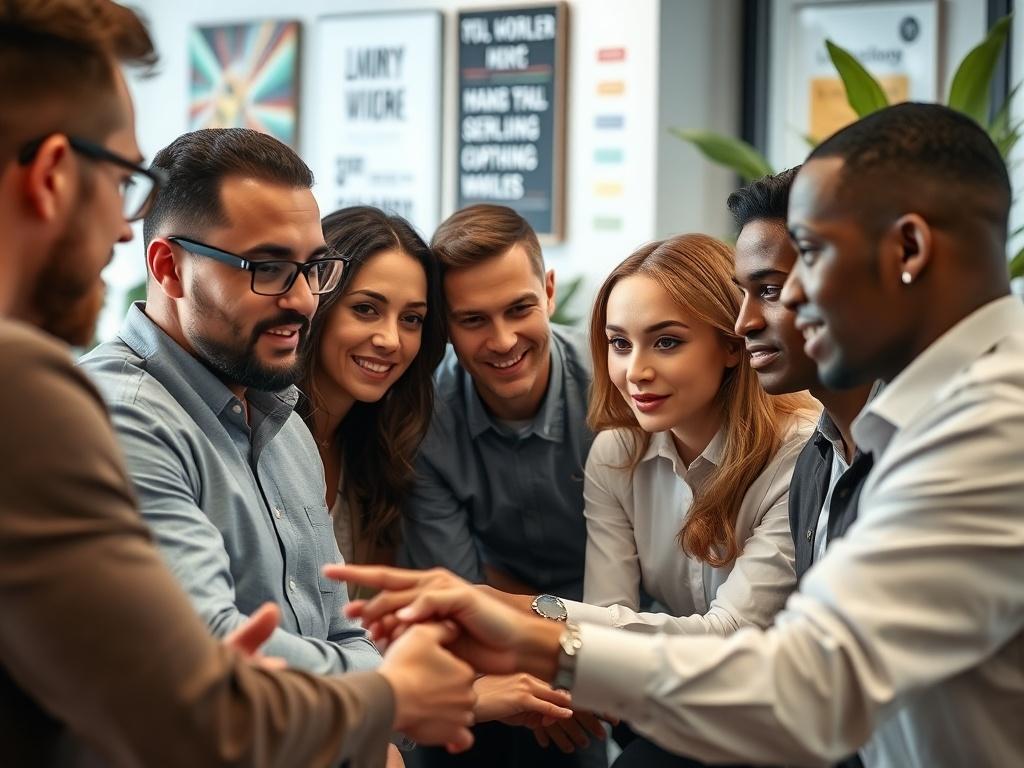 A professional setting where a diverse group of employees is engaged in a collaborative discussion, analyzing data on a large screen. The focus is on their expressions of concentration and teamwork. The background should show a modern office space with plants and motivational posters. The colors should align with the rgb(0, 117, 98) palette.