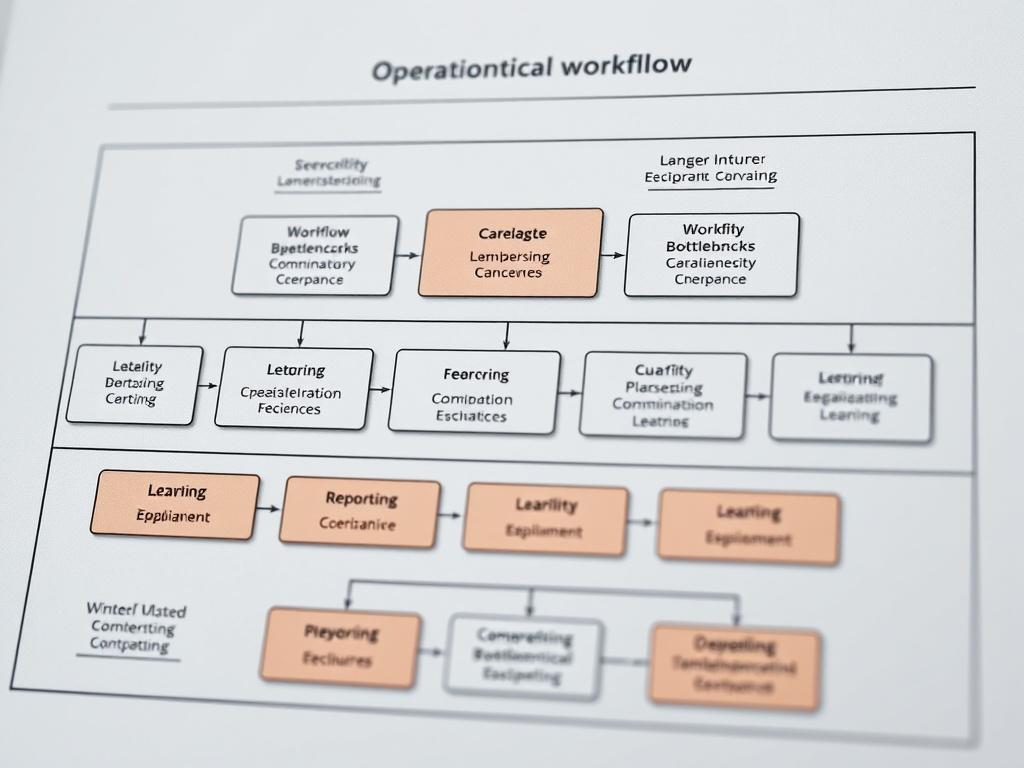 A structured operational workflow diagram showcasing reporting systems, workflow bottlenecks, coordination flows, and leadership visibility, rendered in hyper-realistic style, focusing on clarity and professionalism.