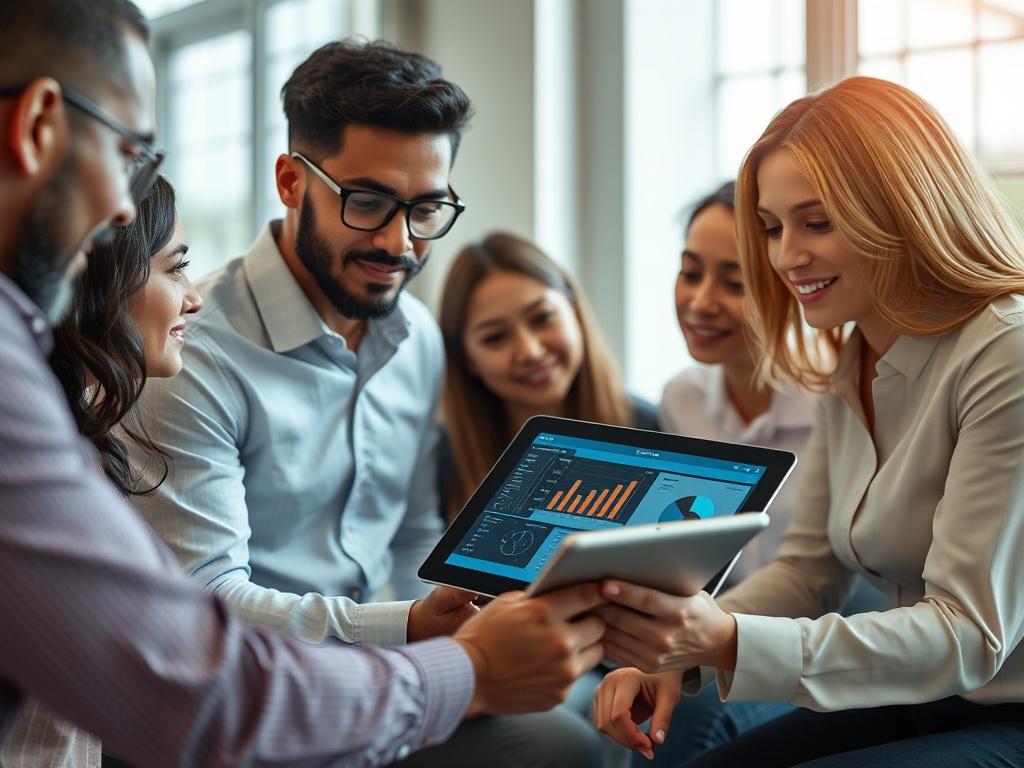 A close-up shot of a diverse group of professionals engaged in a meeting, analyzing data on a tablet, with charts and graphs displayed. The image should convey collaboration and success, incorporating elements that align with the rgb(0, 117, 98) color scheme.