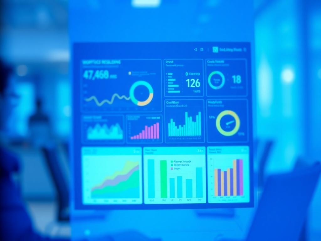 A close-up shot of a sleek, modern executive dashboard displayed on a high-resolution screen. The dashboard shows various metrics and graphs related to workforce resilience and stability, with vibrant colors and clear visuals. The background is a professional office setting, softly blurred to keep focus on the dashboard. The image is rendered in high-quality and uses an RGB color scheme that complements the primary color rgb(0, 117, 98). The composition should emphasize the dashboard as the main subject.