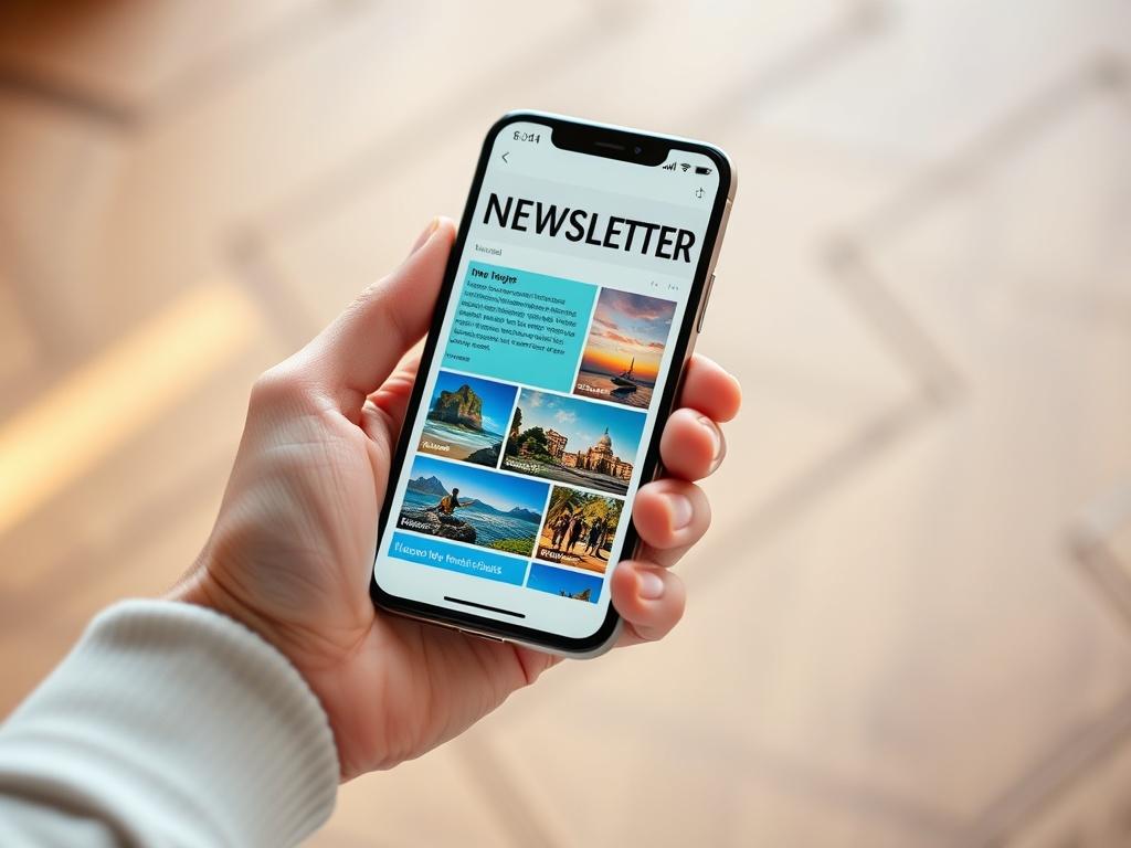 A close-up shot of a person's hand holding a smartphone displaying a vibrant travel newsletter. The newsletter features colorful images of exotic destinations and engaging travel tips. The background is softly blurred to emphasize the phone and newsletter, creating a warm and inviting atmosphere. The lighting is natural, highlighting the details on the phone's screen.
