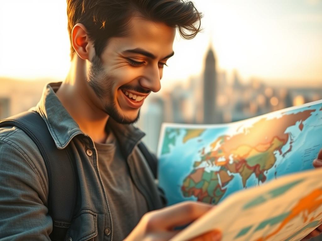 A close up shot of a traveler looking at a