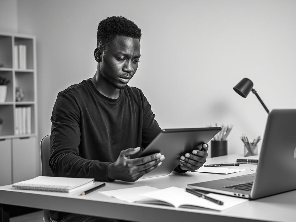 **Prompt for AI Image Generator:**

Create a realistic high-resolution black and white photo that embodies the essence of a blog titled "Elevate Your Brand with Stunning Graphic Design." The composition should be simple and clear, featuring a single subject: a talented graphic designer engrossed in their creative work at a modern workspace. 

The subject, a diverse individual, should be focused on designing on a sleek digital tablet, with their expression showcasing passion and concentration. In the backgro