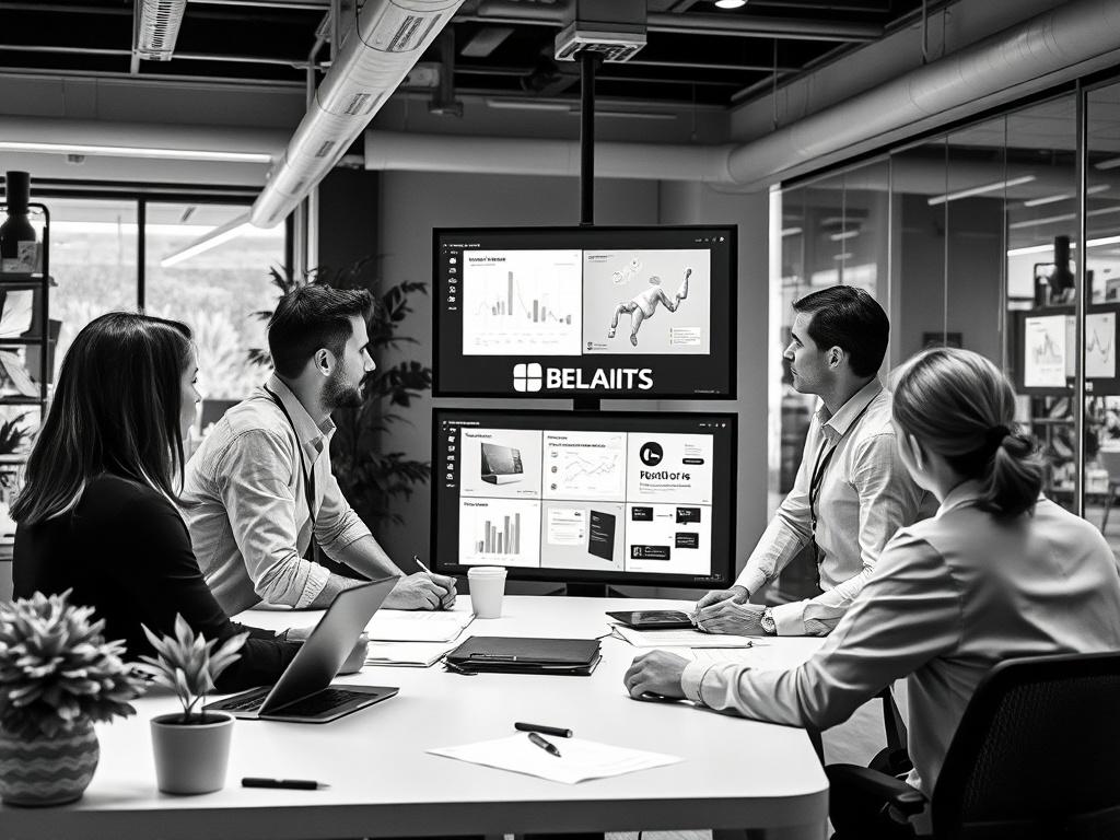 A realistic high-resolution image of a collaborative workspace with multiple professionals discussing over a project on a large screen. The workspace should be modern and vibrant, with elements of creativity and teamwork visible. The color scheme should be black and white with accents of rgb(40, 93, 225) woven into the design materials.