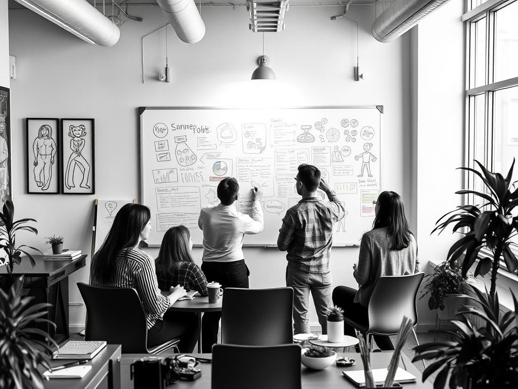 A realistic high-resolution image of a creative agency's office, showcasing a team brainstorming ideas around a whiteboard filled with colorful sketches and notes. The environment should feel dynamic and innovative, with a monochromatic scheme highlighted by the rgb(40, 93, 225) in the artwork and office decor.