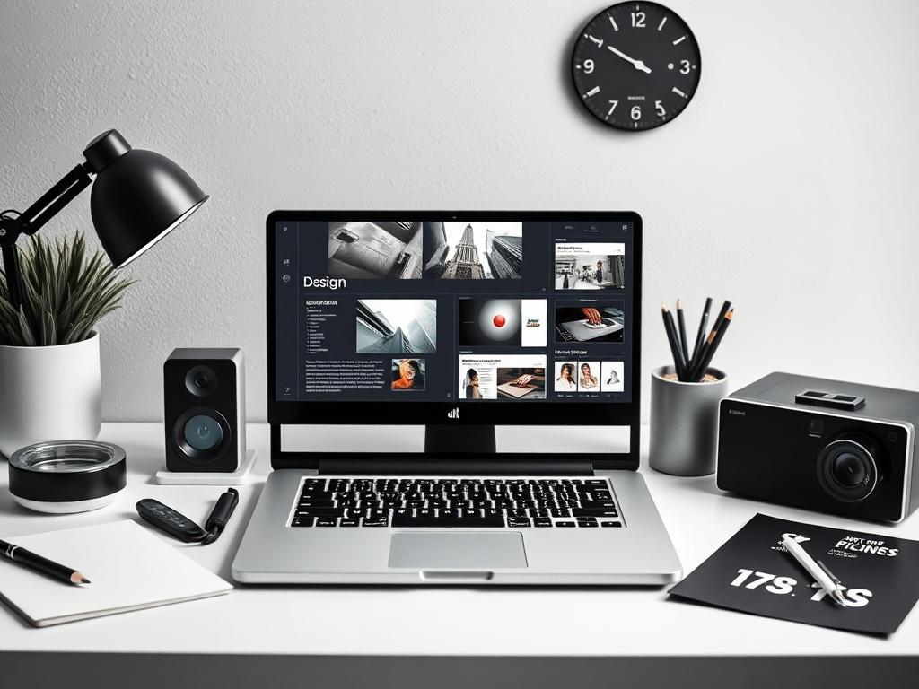 A realistic high-resolution image of a clean, modern workspace featuring a laptop open to a web design project, with design tools and colorful graphics scattered around. The background should be minimalistic and professional, focusing on the work being done. The overall tone should be black and white, with hints of the rgb(40, 93, 225) color subtly integrated in the design elements.