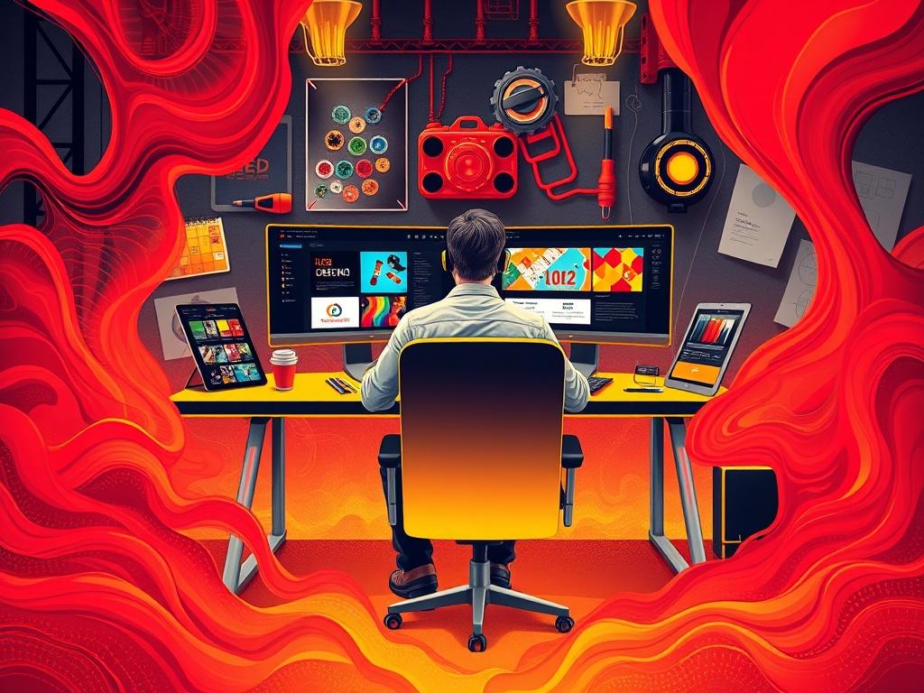 A visually striking illustration of a web designer at work, surrounded by elements symbolizing creativity and technology. The designer, a focused individual, is seated at a sleek workstation with dual monitors displaying vibrant website designs. The background features tools of the trade, like color palettes and design sketches, and the color scheme is primarily red, black, and yellow to reflect an industrial, steelworks vibe. The atmosphere embodies a blend of modernity and creativity, showcasing the fusio