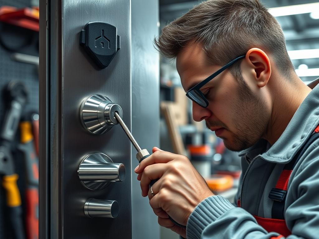 A close up shot of a technician repairing a door