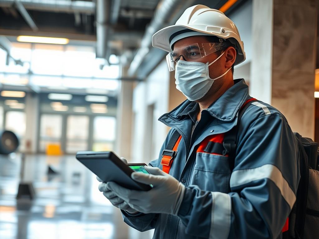 A facility management technician wearing PPE, inspecting a water damaged