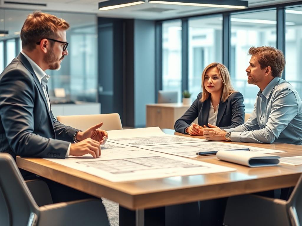 An office scene showing a facility management professional discussing a