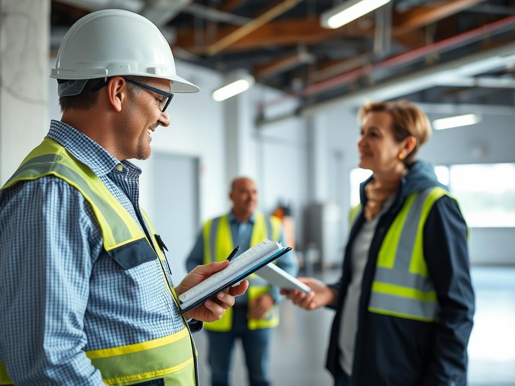 A supervisor conducting a walk through in a recently repaired