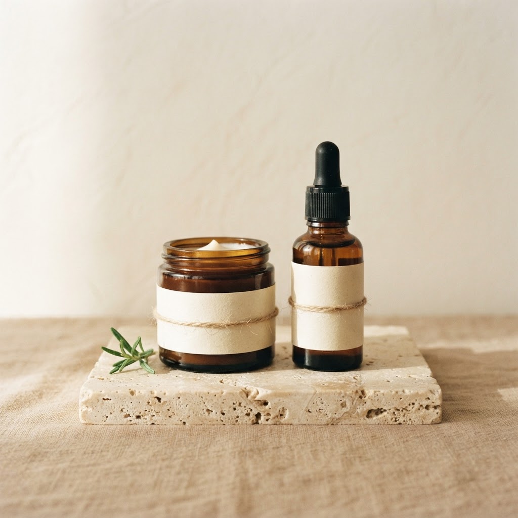 Amber glass bottles and jars for a simple skincare ritual