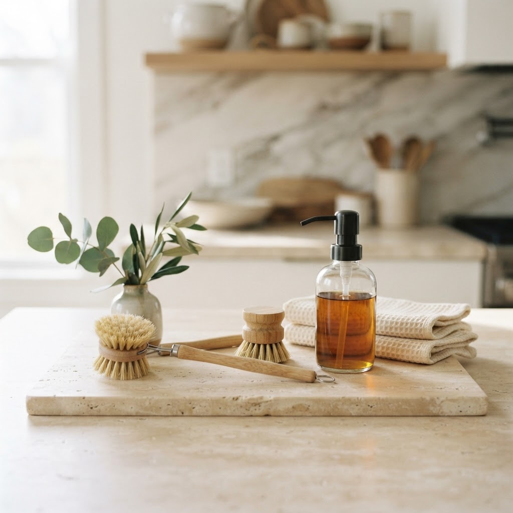 Bamboo brushes, cotton cloths and glass soap dispenser