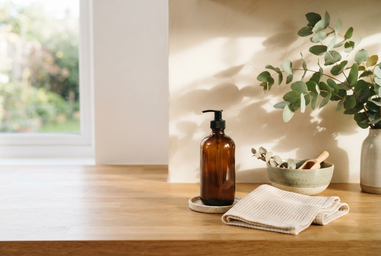 Sunlit kitchen shelf with considered everyday home essentials
