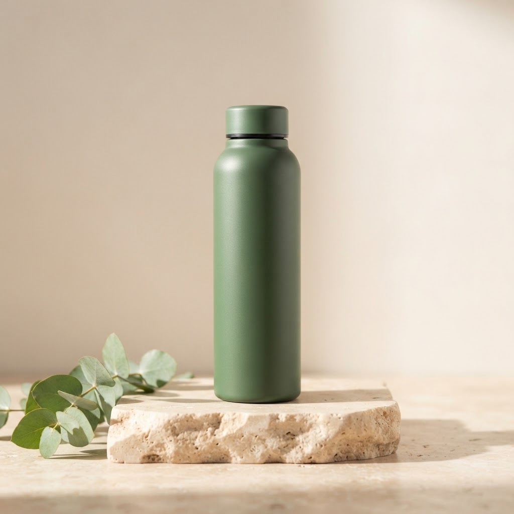 Forest green reusable steel bottle on a stone pedestal