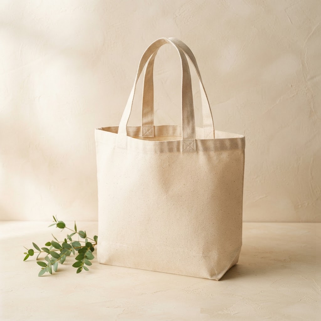 Natural cotton canvas tote bag with a leafy sprig