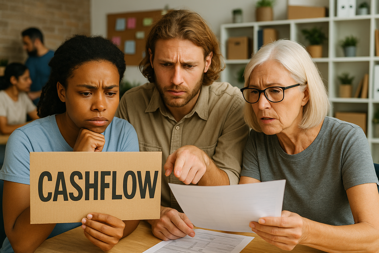 A diverse group of three people—an African American woman, a Caucasian man, and an elderly Caucasian woman—sit at a table in a bright, modern office. The woman on the left holds a cardboard sign that reads "CASHFLOW," while the man points to a financial document the older woman is holding. All three appear focused and concerned, highlighting a serious discussion about financial matters. Other team members work in the background, reinforcing a collaborative, community-oriented environment.