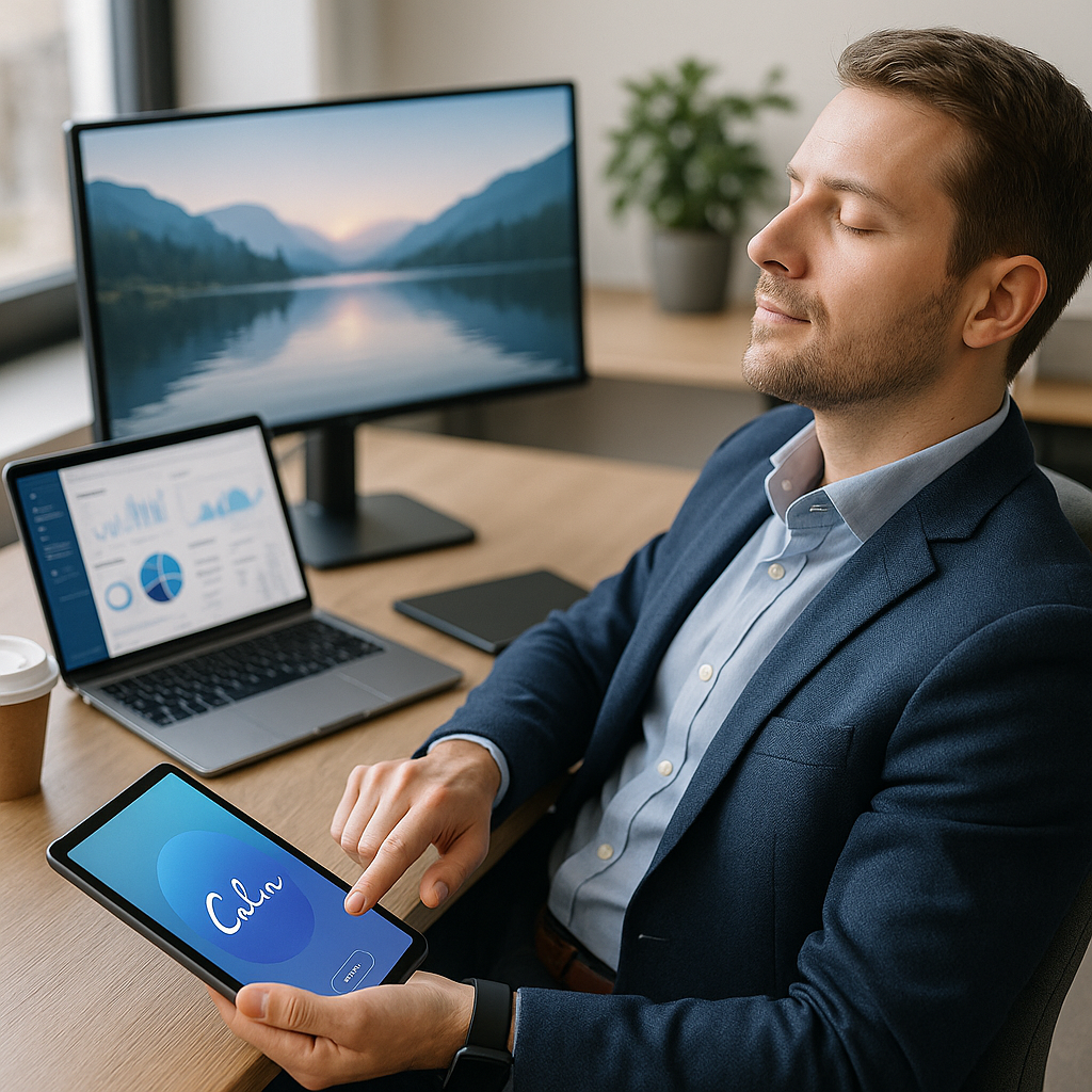 A professional man in a navy blazer sits at a modern office desk, eyes closed and relaxed, holding a tablet displaying a relaxation app called "Calm." A laptop showing financial graphs and an external monitor with a serene lake and mountain landscape are on the desk. The setting is bright, tidy, and designed to convey a stress-free work environment.