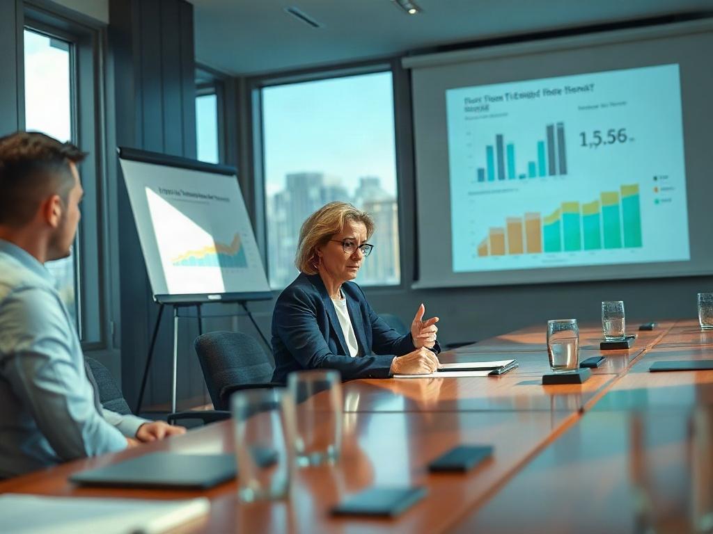 **Prompt for AI Image Generation:**

Create a realistic high-resolution image that captures the essence of a board meeting focused on finance discussions. The composition should feature a single subject: a middle-aged woman, portrayed as the chair of the board, sitting confidently at the head of a polished wooden table. She is engaged in conversation, with a thoughtful expression, as she addresses her fellow board members. 

The background should be a modern boardroom, with large windows allowing natural li