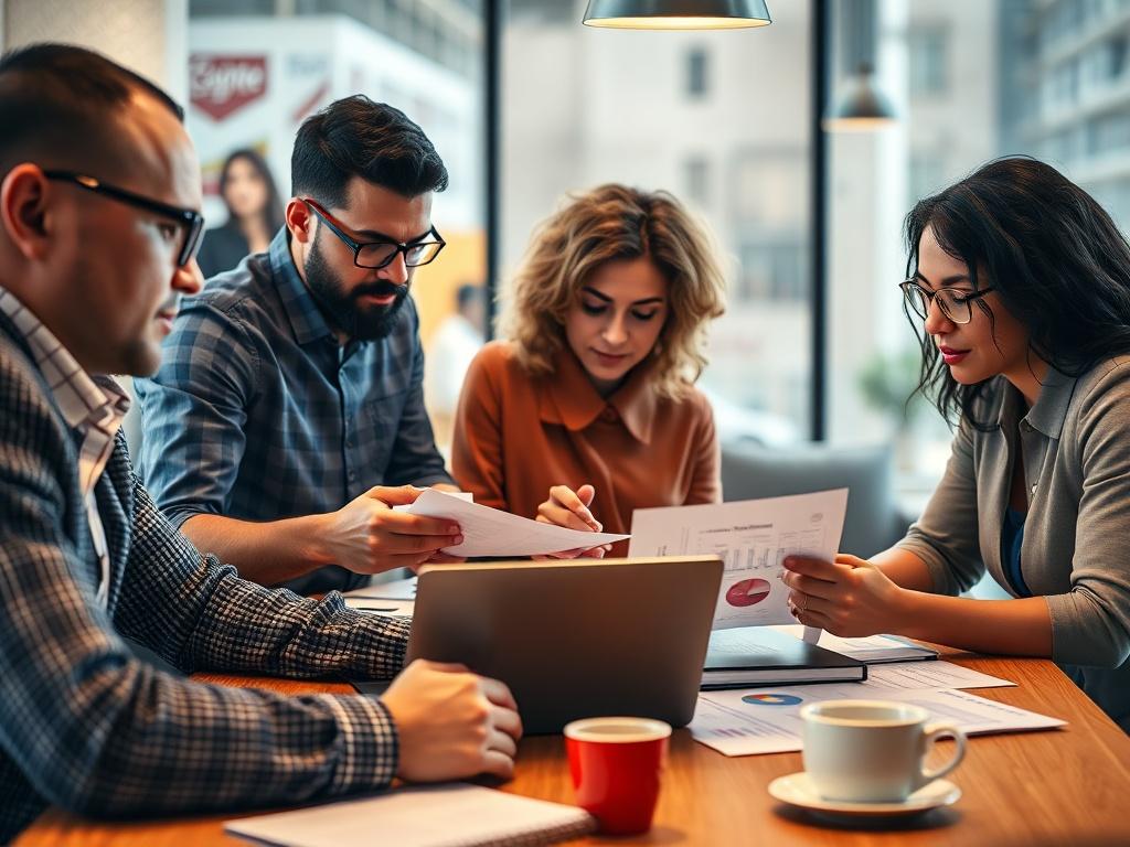 A close-up shot of a diverse group of small business owners engaged in a collaborative meeting. They are gathered around a table with laptops, notepads, and coffee cups, showcasing a focused and energetic atmosphere. The background is softly blurred, emphasizing their expressions of determination and focus on financial documents and charts. The lighting is warm and inviting, highlighting the vibrant colors of their attire and the workspace, all in a style compatible with rgb(175, 101, 159).