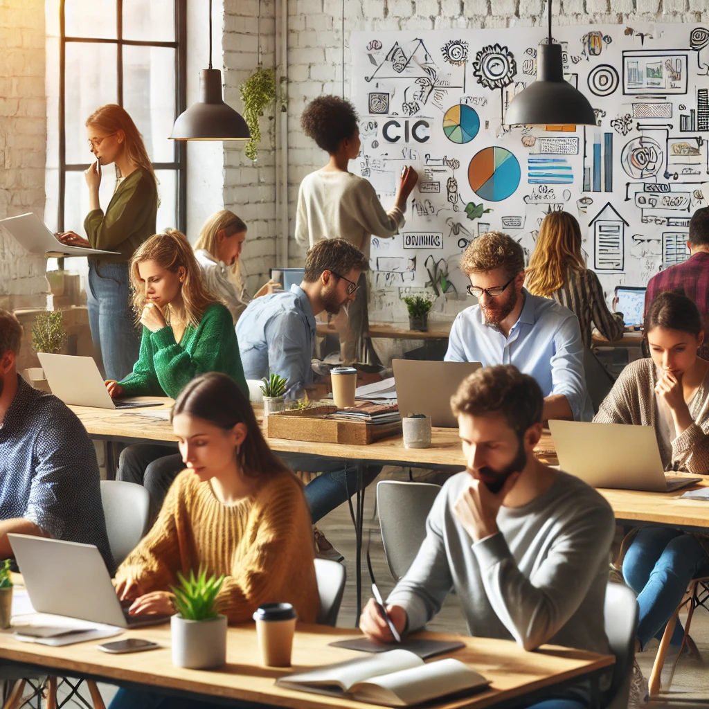 dall·e 2025-03-22 17.21.59 - a diverse group of people in a modern office setting, engaged in different activities. some individuals are focused on laptops, while others are writi.webp