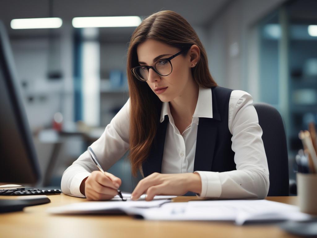 Create a realistic high-resolution photo of a focused female accountant working at her desk, shot with a 45mm f/1.2 lens style to achieve a shallow depth of field. The composition is simple and clear, featuring only the woman as the single subject in a close-up shot. She has a confident and approachable expression, reflecting professionalism and warmth. The background is softly blurred with subtle hints of a tidy office environment, including a few neatly arranged financial documents and a laptop screen sho