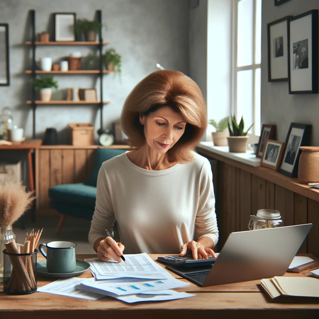 dall·e 2024-10-04 15.05.57 - a scene featuring a woman accountant around 60 years old with auburn brown hair, working from home. she is sitting at a desk in a home office, reviewi.webp